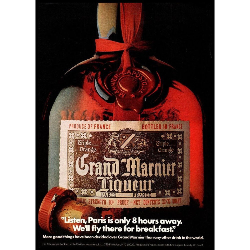 1974 Grand Marnier Liqueur Big Bottle Vintage Print Ad Fly to Paris France Decor